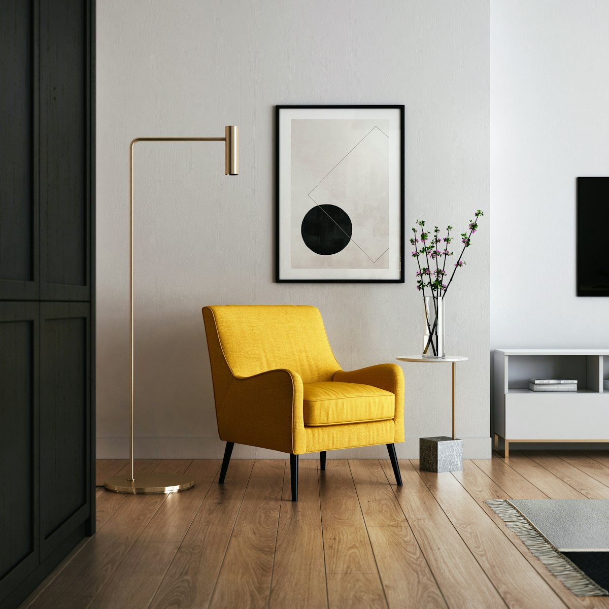 Mustard yellow armchair in a modern living room